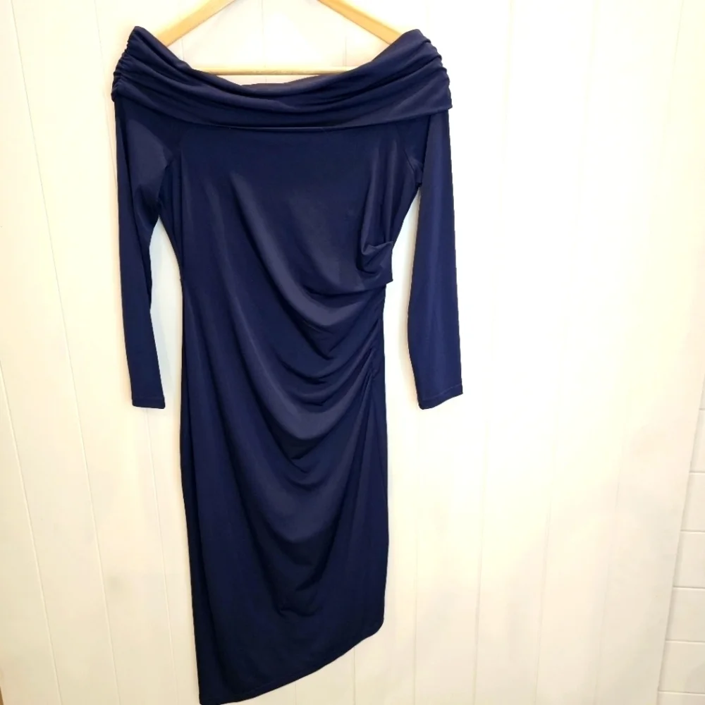Sam Edelman Off the Shoulder Long Sleeve Midi Body-Con Dress Women's Size 6 Navy - Picture 2 of 13